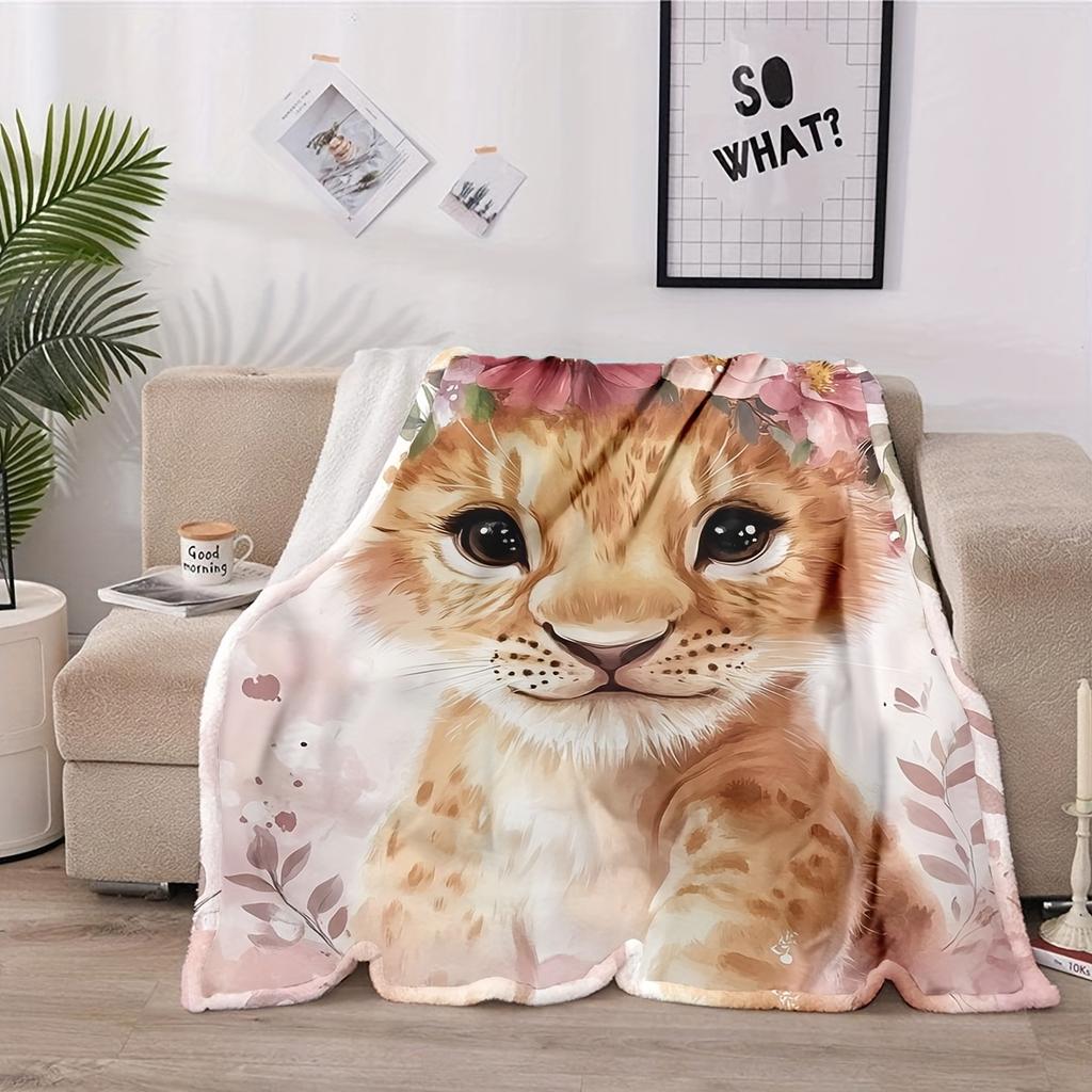 1pc Soft Flannel Blanket with Adorable Lion Cub & Floral Design – Cozy, Lightweight, and Perfect for Home Decor, Outdoor Adventu