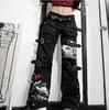 Pantaloni cargo neri gotici E-girl Capri Jeans da donna a vita bassa Pantaloni lunghi Y2K Grunge Vintage Hip Hop Punk Harajuku Streetwear