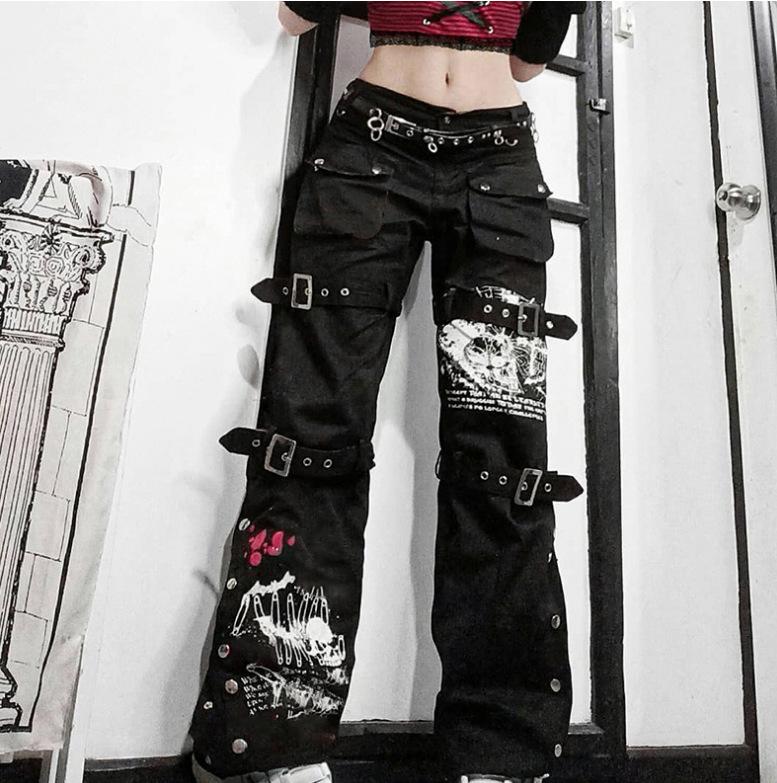 Pantaloni cargo neri gotici E-girl Capri Jeans da donna a vita bassa Pantaloni lunghi Y2K Grunge Vintage Hip Hop Punk Harajuku Streetwear