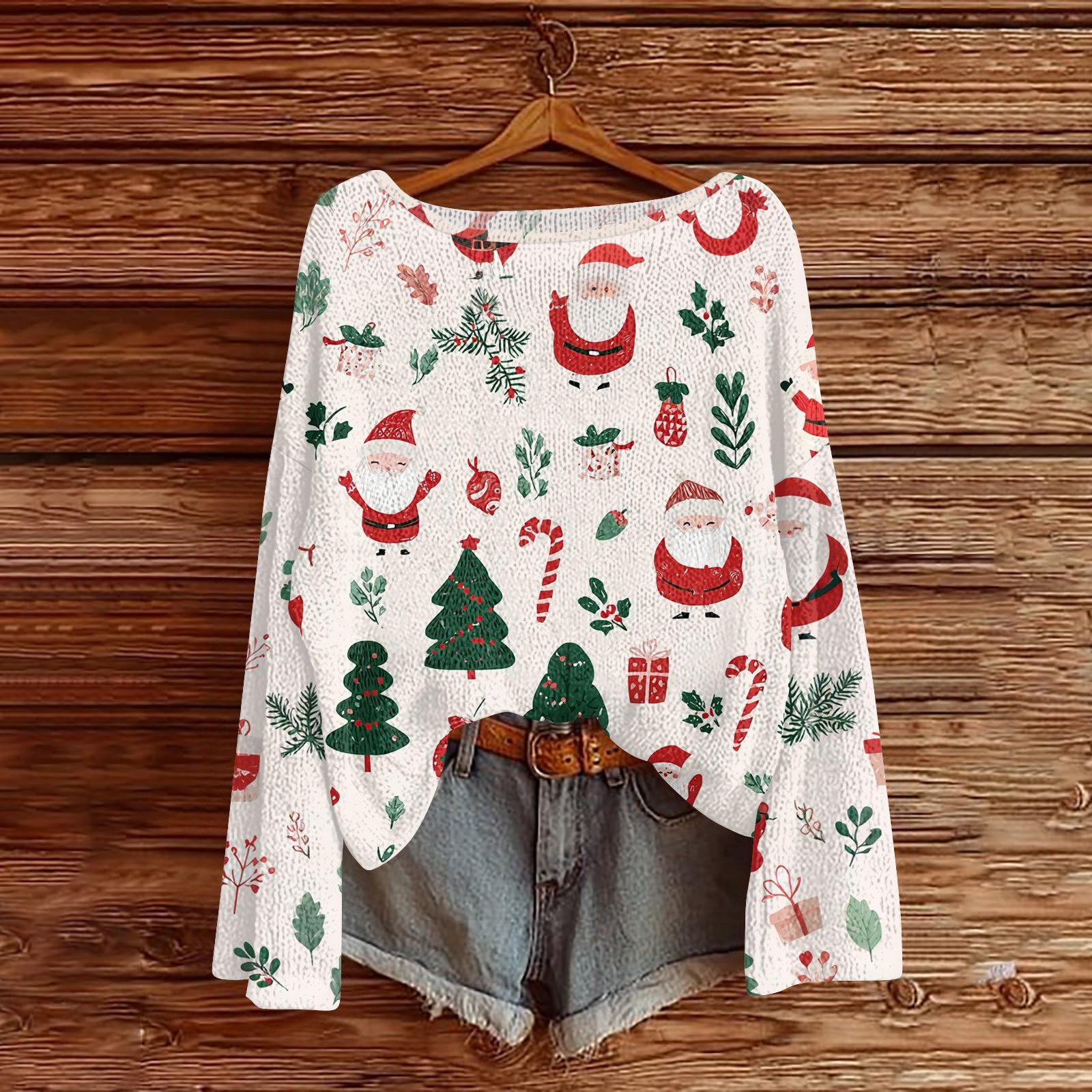 

Женский легкий свитер с круглым вырезом, повседневный вязаный пуловер с длинным рукавом и рождественским принтом. L белый