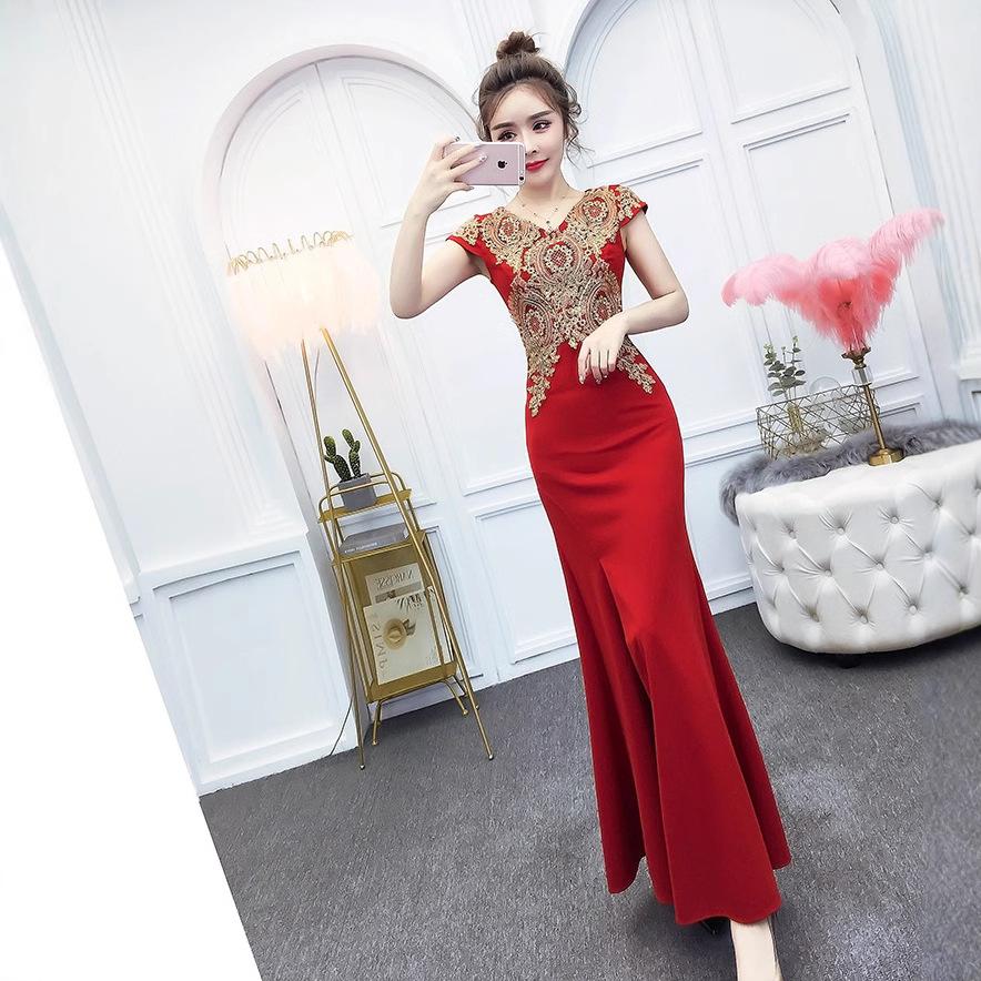 Chinese Toast Dress Bride Red New Spring Fish Tail Thin Wedding Cheongsam Evening Dress Women's Long Summer