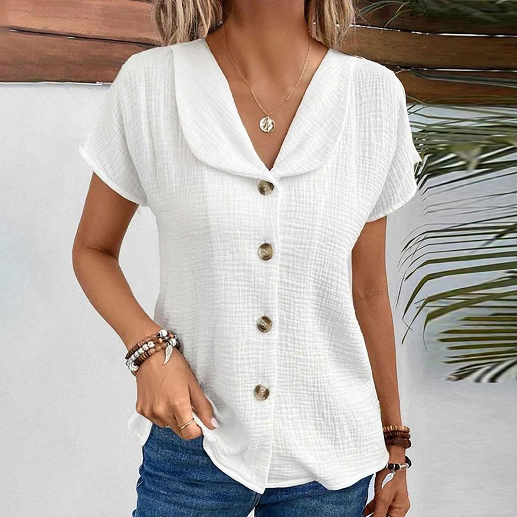 Women's Shirt Solid Color Slim  Fitting V-neck Button Cardigan Short-sleeved Top