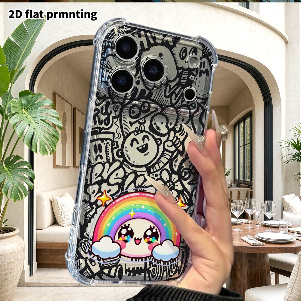 Phone Case: 2D Flat Suitable for iPhone 18 17 16 15 14 13 Pro, Transparent Four Corner Protective Case, Rainbow Bun, Christmas and Halloween Gifts