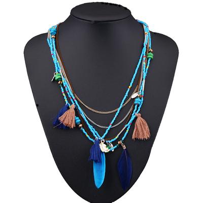 Boho Vícevrstvý Náhrdelník Ručně Vyráběný Korálkový Peří Malý S Třásněmi Svetrový Řetízek Pryskyřice Rýžové Korálky Cestovní Šperky