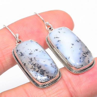 Natural Dendrite Opal Gemstone 925 Solid Sterling Silver Gift Earring 1.75" D1z61