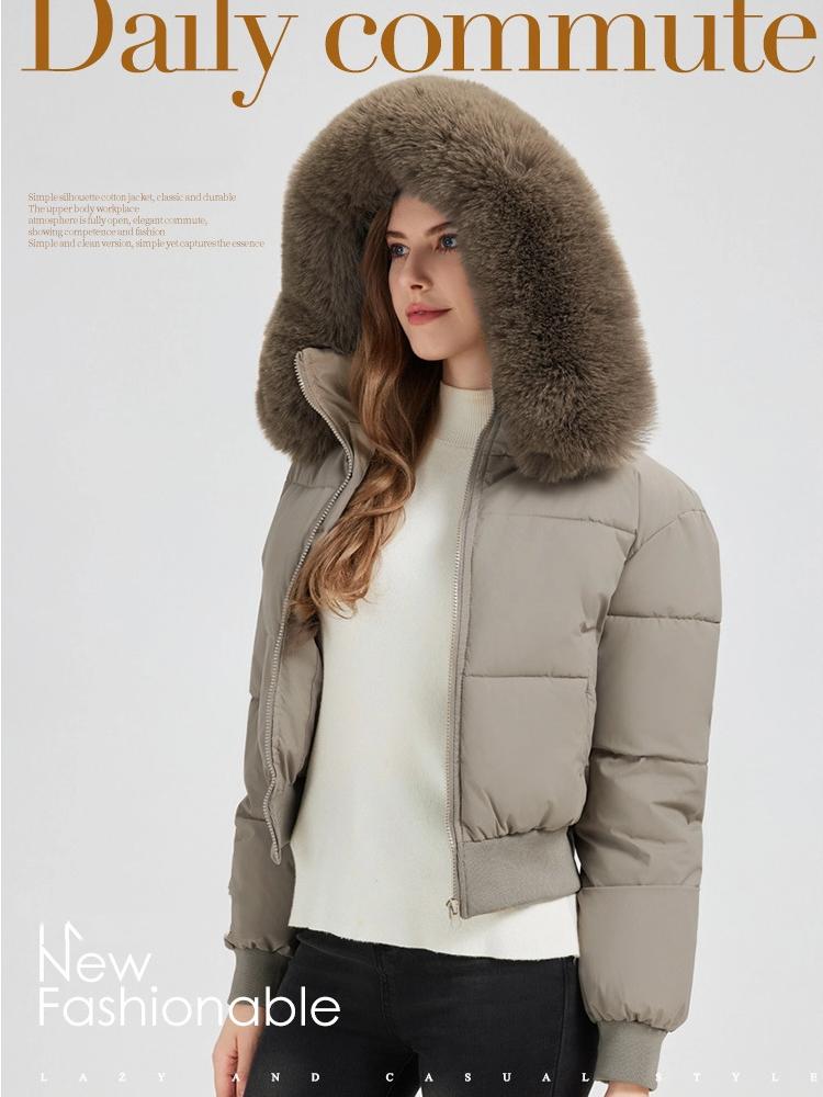 Dam Varm Pufferjacka med Stor Päls Krage Kort Förtjockad Huva Liten Dunjacka