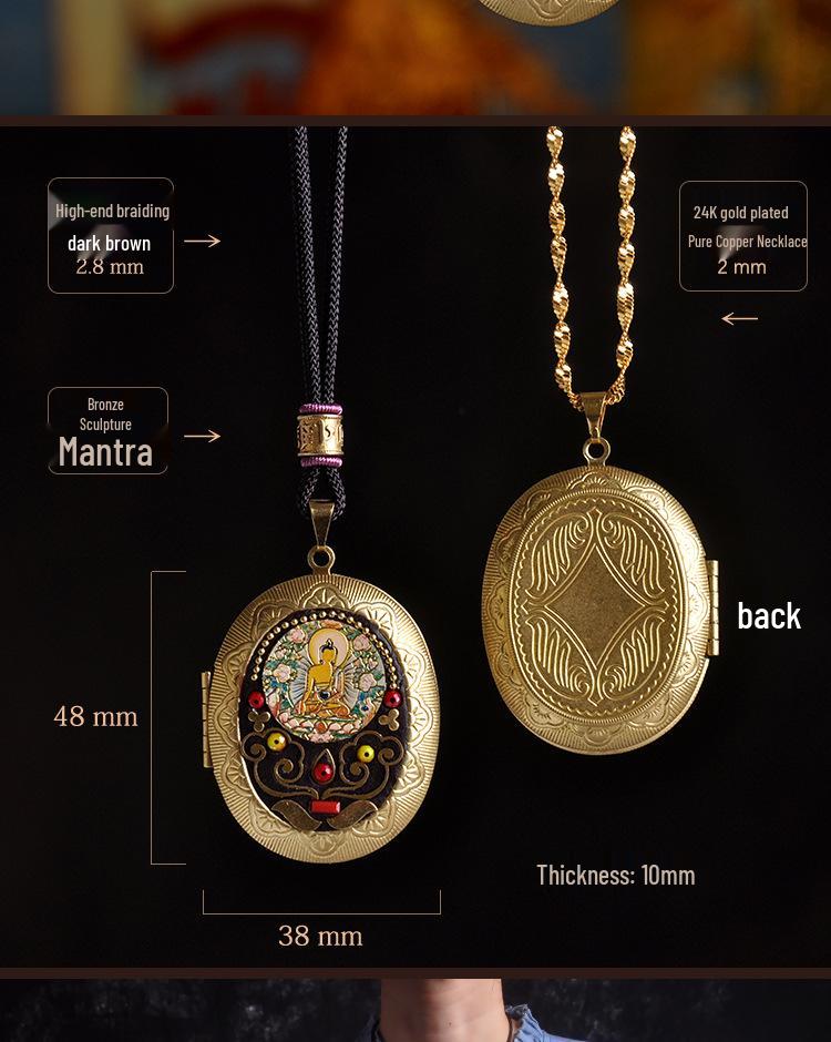 Vairochana Yellow Tibetan Amulet: Brass Box Pendant Necklace with Jambhala & Avalokiteshvara Hollow Design