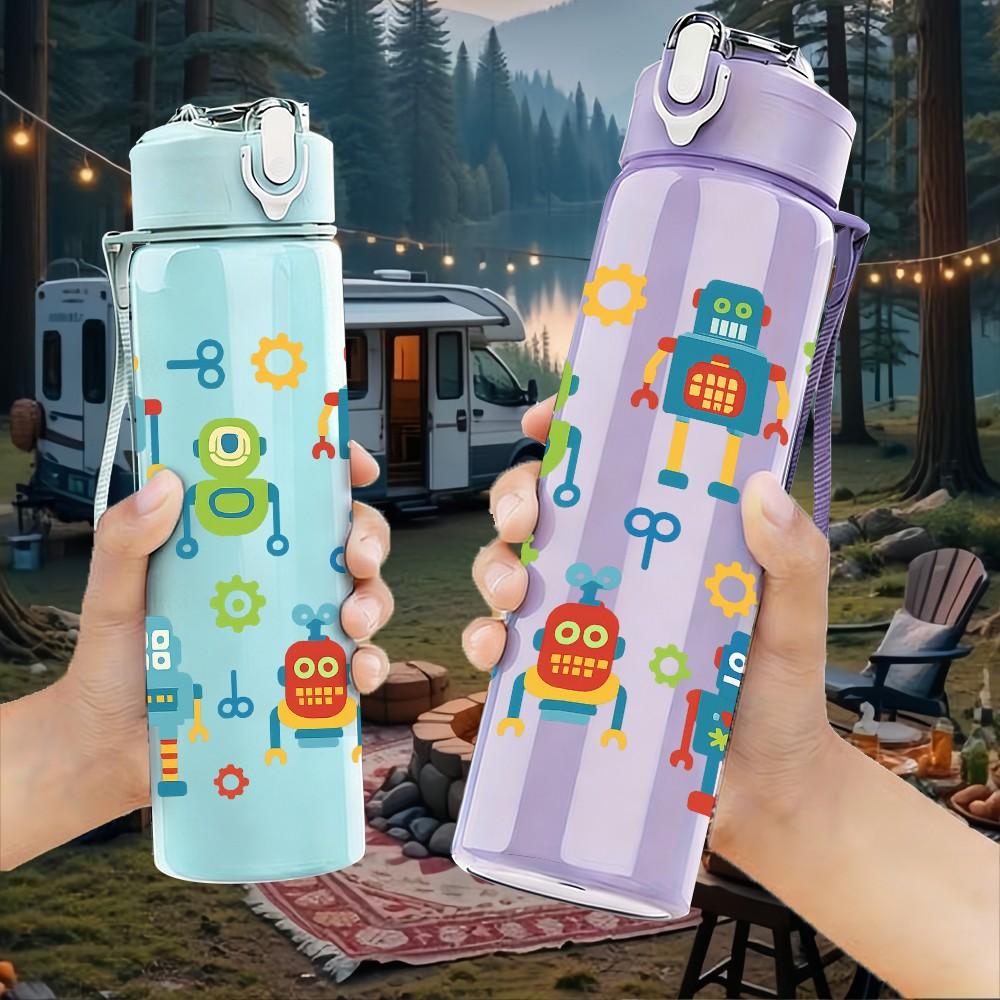 1PC Colorful Robot Repeat Pattern 750ml Color Plastic Sports Water Bottle Leakproof Flip Straw Lid Suitable for Sports Office Home Use