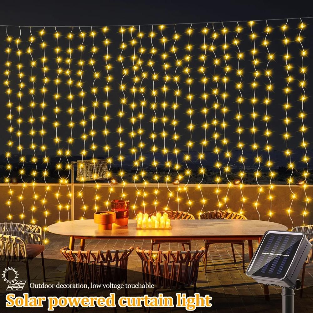 

8 режимов светодиодных солнечных занавесок для двора, водонепроницаемые уличные гирлянды 100 светодиодов, 200 светодиодов, 300 светодиодов, сад, окно, спальня, свадьба 3x1M-1PC
