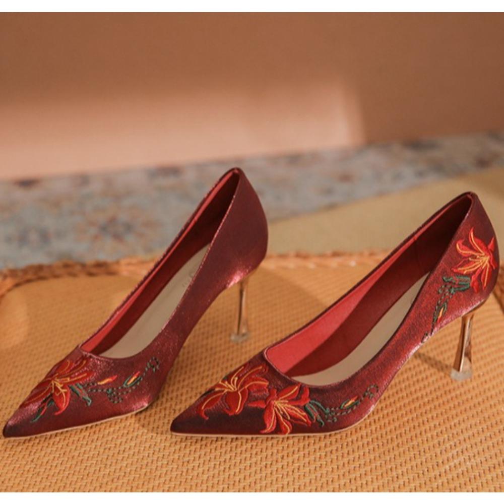 

High Heels Women s Summer Satin Surface Light Mouth High Heel Single Shoes New Stiletto Embroidered Wedding Shoes Pumps Women 34 бордовый