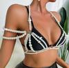 XH26918 Women's Sexy Halterneck Camisole with Faux Pearl Multi-Layer Chest Chain