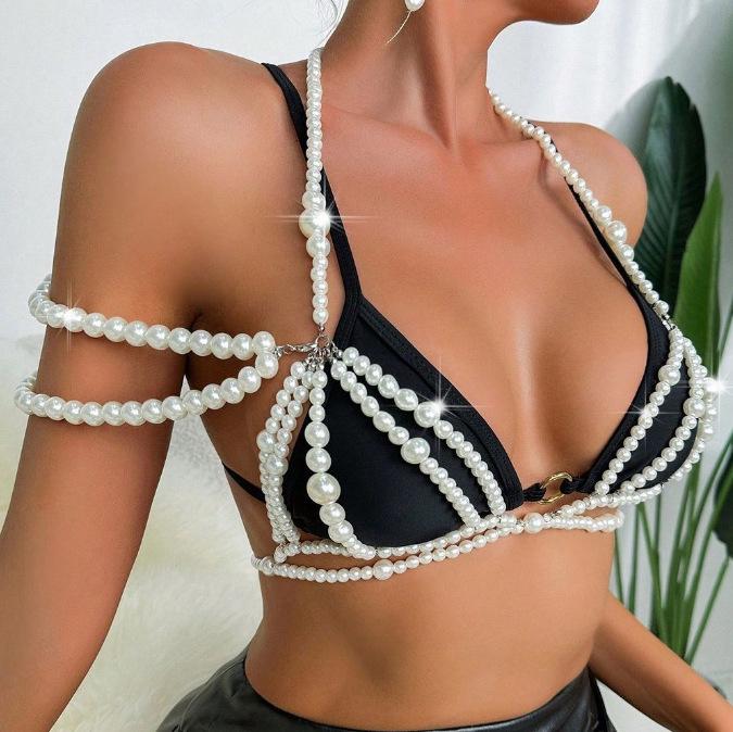 XH26918 Women's Sexy Halterneck Camisole with Faux Pearl Multi-Layer Chest Chain