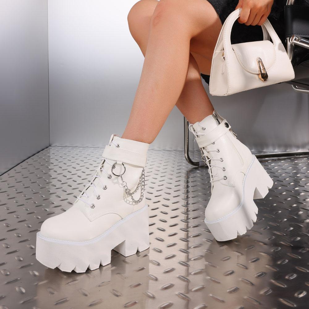 Women Gothic Ankle Thick Platform Metal Chain Decor Punk Chunky High top Heeled Motorcycle Short Fashion Stylis