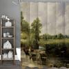 Oil Painting Art Prairie Tree Wagon River Shower Curtain, Bathroom Decorative Shower Curtain, Waterproof Shower Curtain with Hoo
