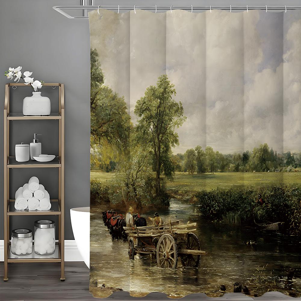 

Oil Painting Art Prairie Tree Wagon River Shower Curtain, Bathroom Decorative Shower Curtain, Waterproof Shower Curtain with Hoo 90*180cm