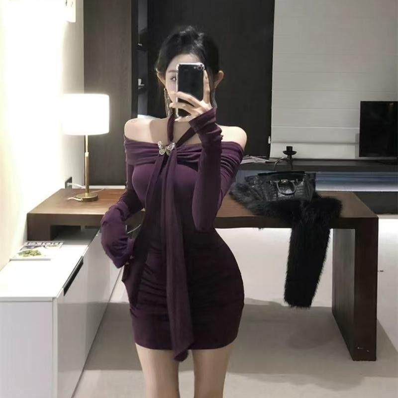 One-word Shoulder Purple Neck Hanging Long-sleeved Dress Women's Autumn Slim-fitting Waist Skirt Pure Desire Wind Tight Hip-wrapped Short Skirt