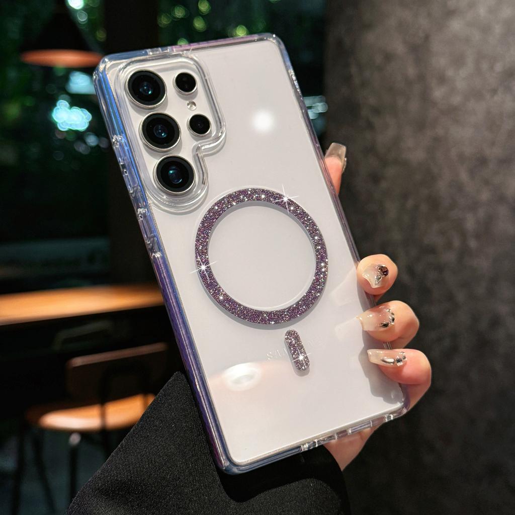 For Samsung Galaxy S24 Ultra Case Compatible with MagSafe Glitter Ring TPU+Acrylic Clear Phone Cover Airbag Protection