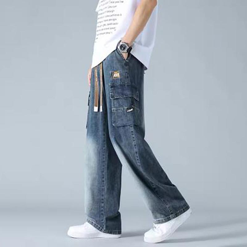 Summer Men's Straight Jeans Pockets Wide Leg Denim Cargo Pants Lightweight Baggy Jeans Trousers