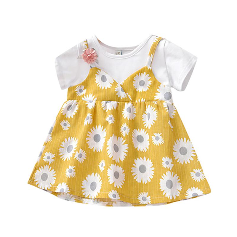Kids Toddler Round Collar Princess Sundress Summer Casual Baby Girl Dress Newborn Short Sleeve Fake 2 Piece Floral Pattern Dress