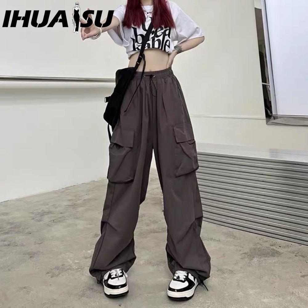 IHUASU Women Hip Hop Cargo Pants Baggy Solid Color Elastic Waist Trousers Loose Breathable Female Pants