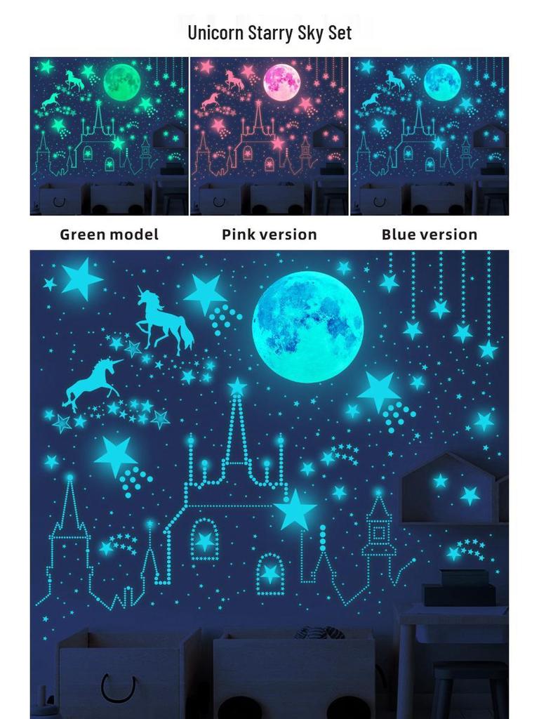 893-Piece Luminous Moon, Unicorn, Stars & Dots Fluorescent Wall Stickers for Children's Bedroom