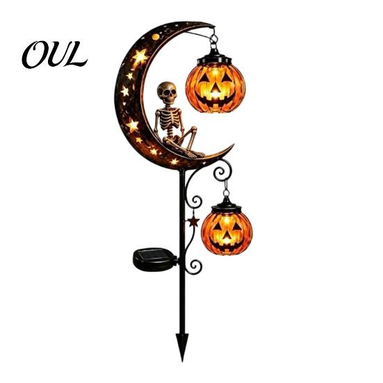 Dekorative Metall-Gartenstäbe Solar Halloween Gartenstecker-Licht, Automatisches Ein-/Ausschalten Halbmond Schwarze Katze mit Hängenden Gruseligen Außen-Terrassen-Akzenten Kürbis