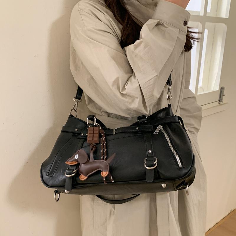 Borsa a Spalla Hobo Vintage Marrone Multitasche in Morbida PU con Ciondolo Cane da Donna per Uso Quotidiano Casual Borsa a Tracolla