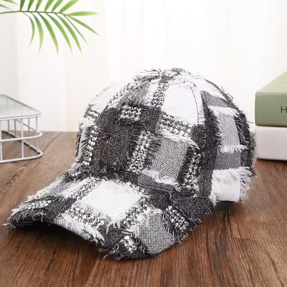 Vintage Distressed Frayed Denim Baseball Cap, Plaid Rhinestone Bling Hat, Y2K Hip Hop Streetwear For Women, Casual Sun Hat