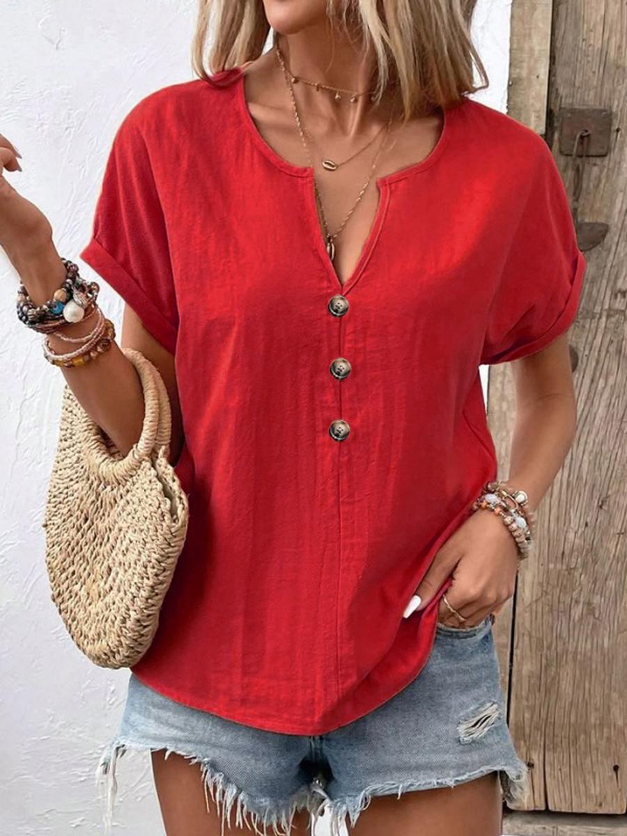 

New Summer Women s Button V-Neck Short Sleeve T-Shirt Top S красный