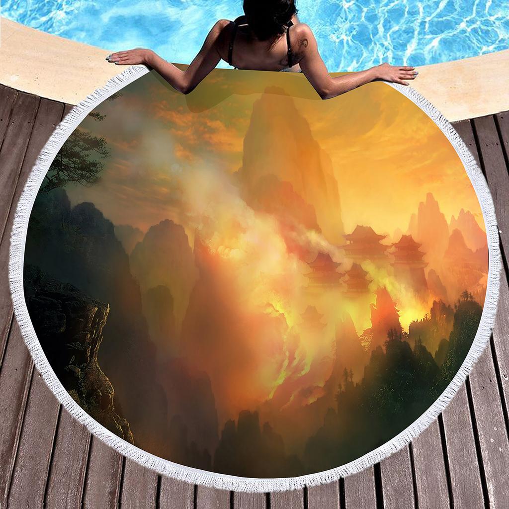 Sunrise Natural Scenery Round Beach Towel, Absorbent Quick Dry Sand Free Towel for Bathroom Pool Surf Travel Outdoor Meditation