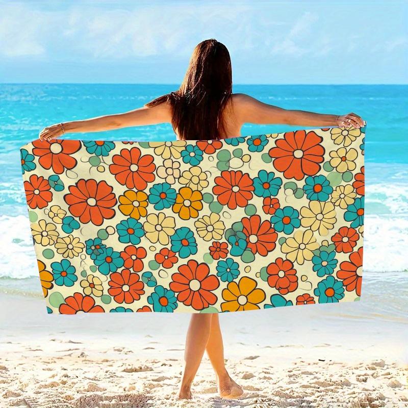 

Vintage Floral Orange Yellow Teal Beach Towel, Black Outlined Flowers Soft Microfiber Quick Dry for Summer Travel Picnic W40*H60(CM)