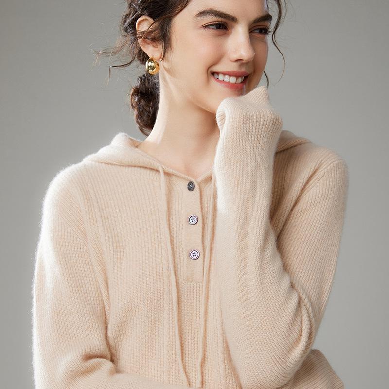 2024 Women's Cashmere Hooded Pullover: Loose Fit, Solid Color, Korean Style Autumn/Winter Sweater