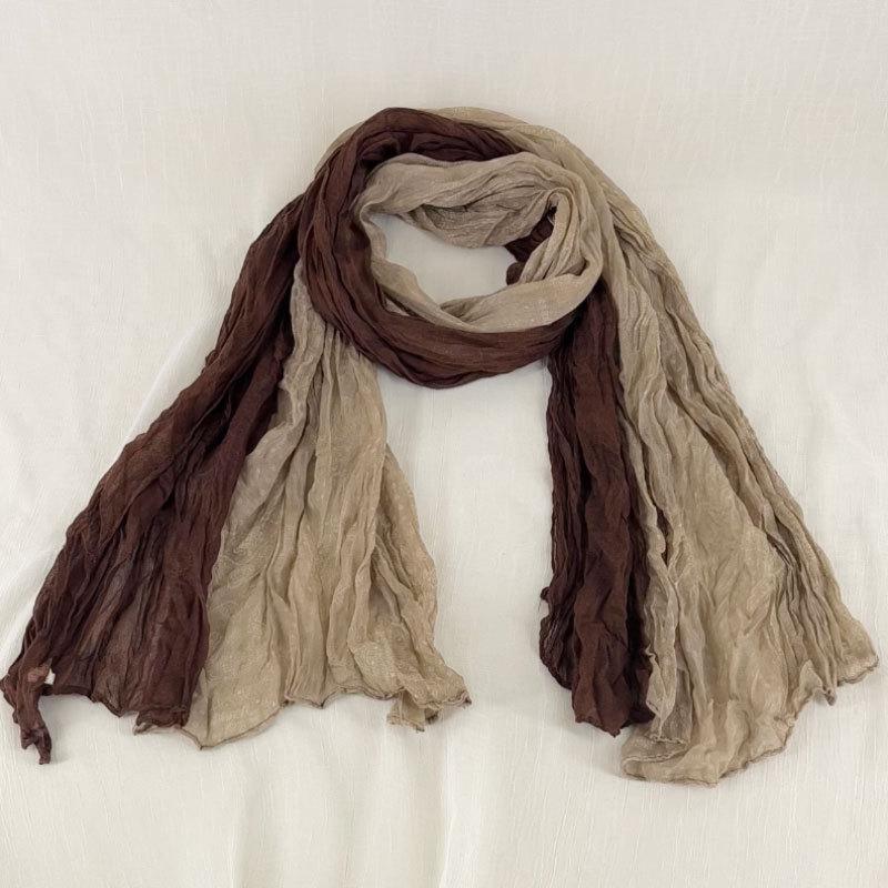 Spring and Autumn Forest-style Literary Scarf for Women with Versatile Pleated Solid Color Cashew Flower Splicing Thin Wrinkled Cotton Linen Scarf