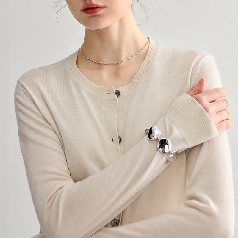 Women's Round Neck 100% Wool Knit Cardigan Sweater - Single-Breasted, Thin German Yangzi Yarn Design