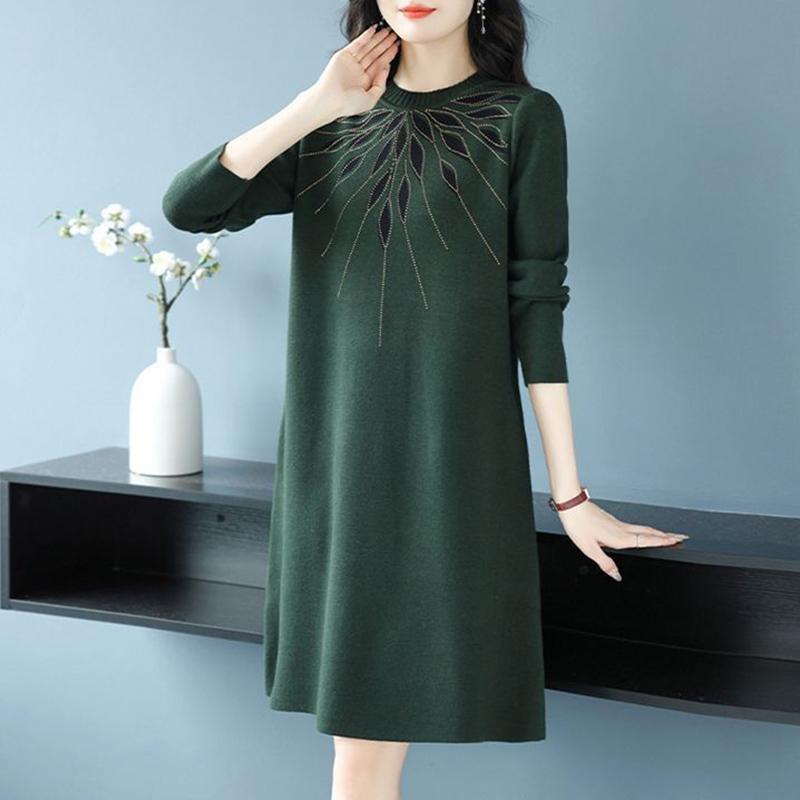 Dress for Woman Cotton Winter Warm Round Neck Long Sleeve Vintage Casual Printed Long Stretch Knit Sweater Dresses