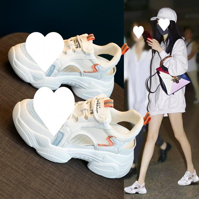 [Comfortable upper feet] Leather sports sandals women's bag head 2025 summer new versatile height increase mesh hollow