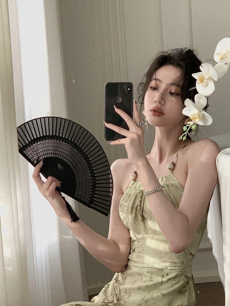 2024 Summer Halterneck Camisole Dress: Women's Elegant Cut-Out Waist Long Dress