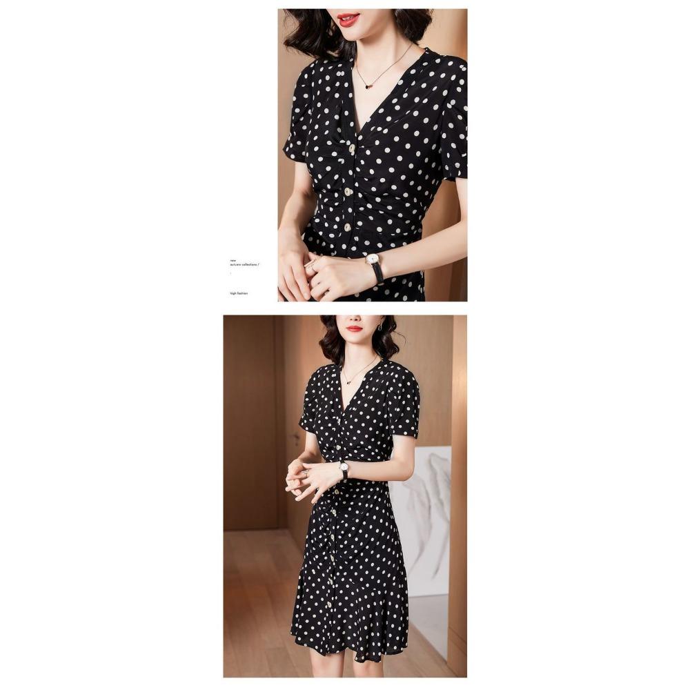 Summer New Hepburn Style Lotus Leaf Edge Skirt Women's Loose Temperament V-neck Fashionable Polka Dot Dress