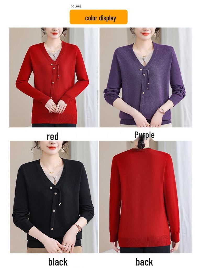 2025 Trendy Mom's Stylish Knit Cardigan: Spring/Fall Fake Two-Piece for Middle-Aged & Elderly Women