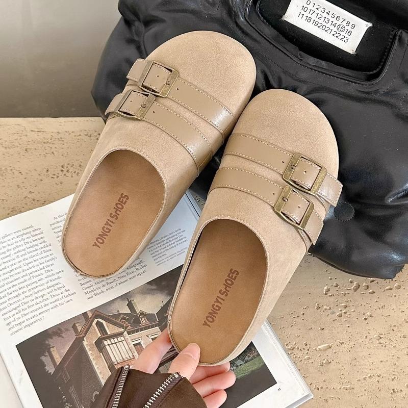 Gu Yunshu Birkenstock полутапочки с сумкой на голову женская весенняя одежда 2025 новые ретро кожаные тапочки с плоской подошвой и пряжкой на одной педали 35 хаки