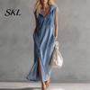 Everyday Wear Dress Women's Sleeveless Hoodies Maxi Dress, Button Up Side Slit Tank Beach Women with Pockets, Zip V Neck Hooded Summer Lightweight