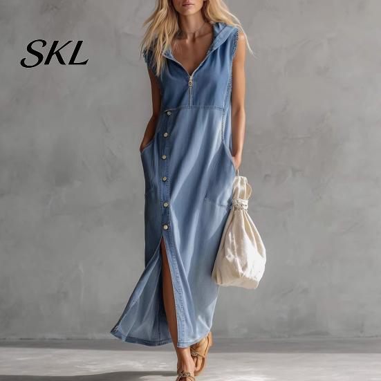 Everyday Wear Dress Women's Sleeveless Hoodies Maxi Dress, Button Up Side Slit Tank Beach Women with Pockets, Zip V Neck Hooded Summer Lightweight