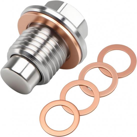 M12*1.25 Stainless Steel Magnetic Oil Drain Plug (with Extra 4 Copper Gaskets), Oil Pan Drain Nut Bolt, Anti Leakage Seal Compatible with Most Cars,
