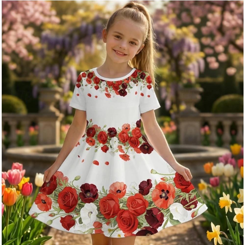 Mädchen 3D-Druckkleider Kinder Mädchen Party Kurzarm Prinzessinnenkleid Tanktop 3D Blumenaufdruck Kleid