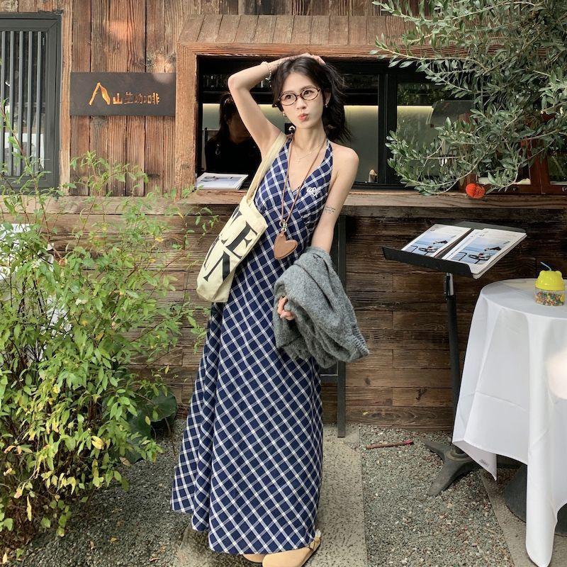 Retro Plaid Halter Women Spring New Collection Waist-cinching Fashionable Long Strap Dress