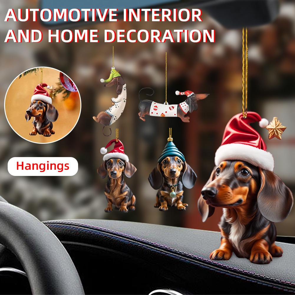 1~10PCS New Christmas 2D Fun Dachshund Dog Pendant Car Rearview Mirror Pendant Car Interior Accessories Christmas Tree Decor For