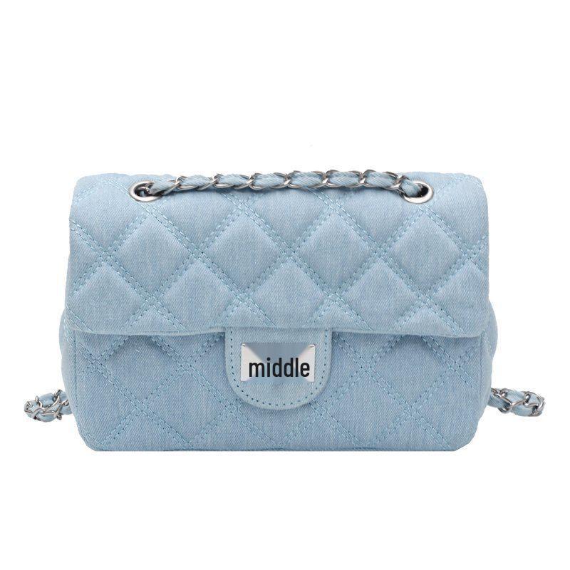 2024 Women's Small Textured Denim Crossbody Bag with Diamond Chain