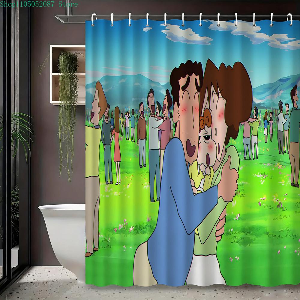 Crayon Shin-Chan Funny Character Scene 2D Print Waterproof Shower Curtain, Blue Bathroom Decor With Hooks