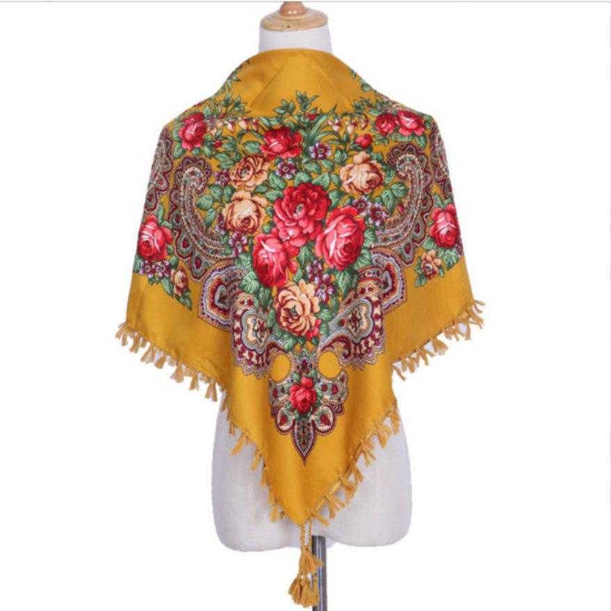 90*90CM Women Russian Style Peony Floral Printed Long Tassel Large Square Scarf Warm Wrap Traditional Ethnic Mexican Shawl