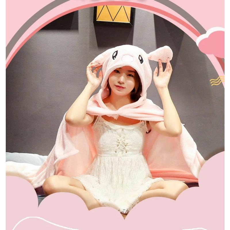 Cartoon Cute Cape Blanket Flannel Lazy Shawl Cape Student Hooded Home Office Nap Blanket Winter Bed Blanket Coral Velvet Warm